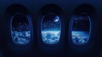 Night sky view through airplane window with moon, stars, and clouds during flight above Earth photo