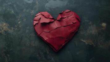 Torn red paper heart on a dark background. Love, heartbreak, sorrow, and emotional pain photo