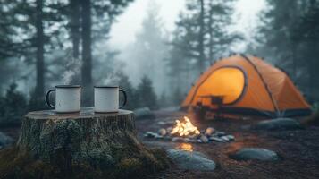 Tranquil camping in a foggy forest with two white enamel mugs of hot coffee near an orange tent photo