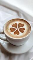 Cup of coffee with leaf clover latte art on white table, good luck and celebrating St. Patrick's Day photo