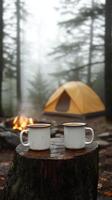 Tranquil camping in a foggy forest with white enamel mugs of hot coffee near an orange tent photo