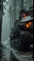 Military tank advancing through snowy forest, powerful weaponry, winter landscape setting photo