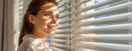 Woman smiling and looking through window blinds. Woman separating slats of blinds indoors, closeup. photo