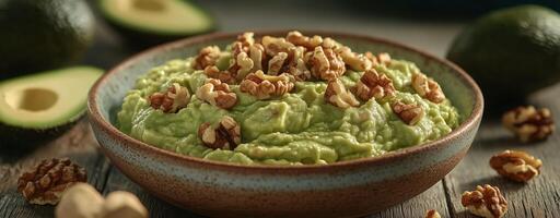 Bowl of creamy guacamole topped with crunchy walnut pieces, surrounded by fresh avocado and walnut photo