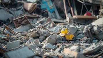 Child toy lies among rubble and debris of a collapsed building, symbolizing destruction and loss photo