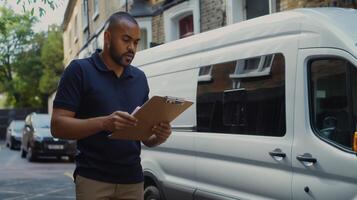 Delivery worker near van checking order in urban setting. Professional logistics service photo