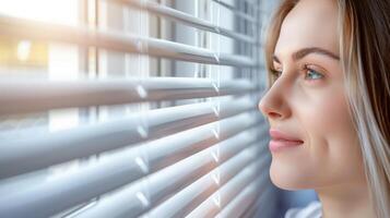 Woman smiling and looking through window blinds photo