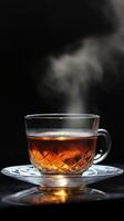 Glass mug of steaming hot tea, dark background, elegant and warm, with steam rising photo