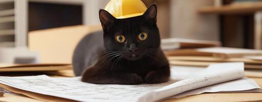 Adorable black cat wearing a yellow hard hat lying on architectural blueprints, work environment photo