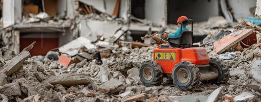 A toy construction vehicle among rubble and debris of a collapsed building, destruction and loss photo