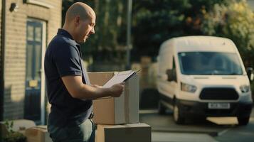 Delivery worker near van, checking order in urban setting, professional logistics service photo
