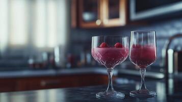 Crystal glasses with red raspberry cocktails on kitchen countertop, modern blurred kitchen background photo