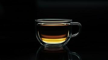 Glass cup filled hot tea against a black background, transparency mug and rich color photo