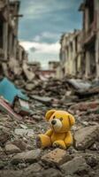 A child toy lies among rubble and debris of a collapsed building, destruction and loss photo