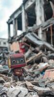 Robot toy among rubble and debris of a collapsed building, destruction of residential buildings photo