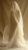 Mysterious figure draped in white fabric. Delicate and serene ambiance. Muslin wife photo