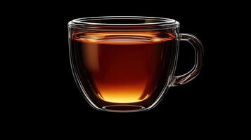 Glass cup with hot tea against a black background, transparency mug and rich color photo