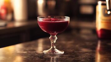 A refreshing elegant berry red cocktail sits on a polished bar counter. Blur kitchen background photo