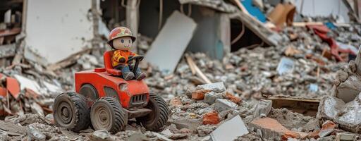 Toy construction vehicle sits among rubble and debris of a collapsed building, destruction and loss photo
