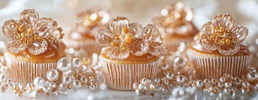 Cupcakes with caramel, sugar flowers and pearl, delicate and sophisticated dessert photo