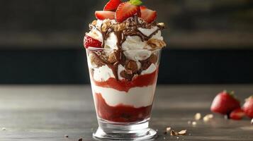 Dessert with layers of ice cream, strawberries, chocolate syrup, fresh berries, and crunchy nuts photo