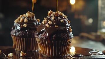 Chocolate cupcakes with caramel drizzle and chopped nuts, rich and indulgent dessert, sweet treat photo