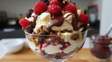 Homemade dessert with ice cream, fresh raspberries, and chocolate drizzles in a glass cup photo
