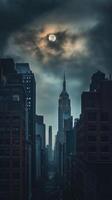 Majestic city skyline at night with a full moon, skyscrapers, and dramatic cloudy sky photo