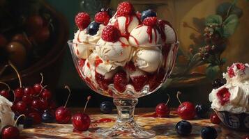 Luxurious vanilla ice cream topped with fresh berries and drizzled with red sauce in a bowl photo