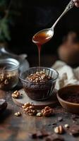 A small glass bowl of chocolate dessert topped with nuts and caramel from a spoon, rich and indulgent photo