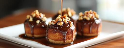 Mini caramel-glazed cakes with nuts on a white plate, drizzled with sauce, rich dessert treat photo