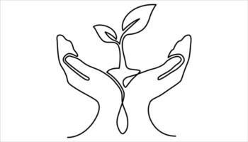 Plant resting on a hand continuous one line drawing. Single continuous line art growing sprout. vector