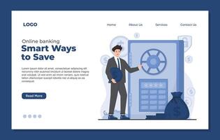 landing page template saving money with flat cartoon character of businessman standing near safe box with money. vector