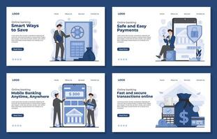 landing page template online banking concept set secure payments, mobile banking, saving money fintech app internet banking vector