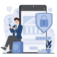 secure payments Smartphone security concept. illustration in flat style. Businessman with mobile phone and shield. vector