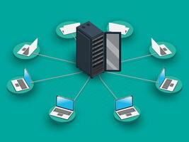 3D computer Network diagram on green background. Cloud computing big data. Server Rack. vector