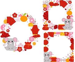 Chinese New year of rat mouse 2032 graphic line round circle frame set. style banner frame scroll board decoration on transparent background CNY lunar lantern festival vector