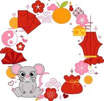 Chinese New year of rat mouse 2032 graphic line round circle frame. style banner frame scroll board decoration. Chinese lunar new year, lantern festival mascot vector