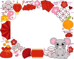 CNY Chinese new year 2032 Mouse rat. Lunar new year lantern festival rectangle frame with oval template for show product. Greeting card. graphic line illustration vector