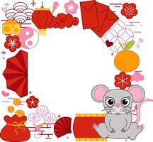 Chinese New Year's 2032 rat mouse round circle frame template in square. graphic illustration with traditional elements on transparent background. CNY lunar new year, lantern festival mascot vector