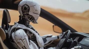 A futuristic humanoid robot driving a modern SUV car is driving through the sand dunes of the desert, harmoniously combining advanced technology with nature photo