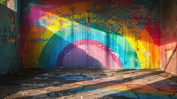 Bright rainbow painted on concrete cracked wall in abandoned building with sunlight and shadow on wall. Bright background. Idea of self-expression, diversity and individuality photo