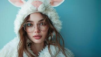 Portrait of young beautiful woman in white easter bunny costume on blue background. Advertising banner for promotion with copy space for text photo