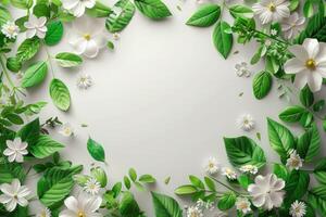 Spring floral mockup with green leaves, white flowers and empty round space in the center for greeting, text and message. Spring template photo