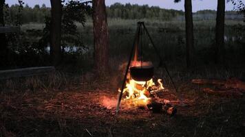 A pot suspended over a crackling campfire illuminates the area as twilight sets in. The calm lake reflects the fading light, creating a peaceful atmosphere. video