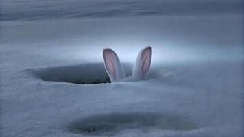 White rabbit ears poking out of a burrow in deep snow at night with soft glowing light. Winter and wildlife concept photo