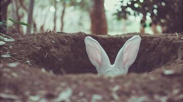 White rabbit ears emerging from a burrow in the forest with soft natural lighting. Wildlife and Easter concept photo