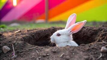 White rabbit emerging from a burrow in the ground with colorful background. Easter and nature wildlife concept photo