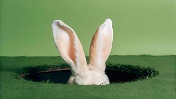 White rabbit ears emerging from a grassy burrow against a green background. Easter and nature wildlife concept photo