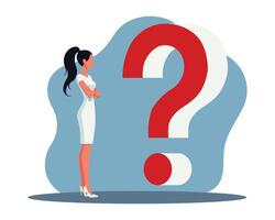 big red question mark in front of a girl or woman, problem solving, finding an answer to a question concept vector